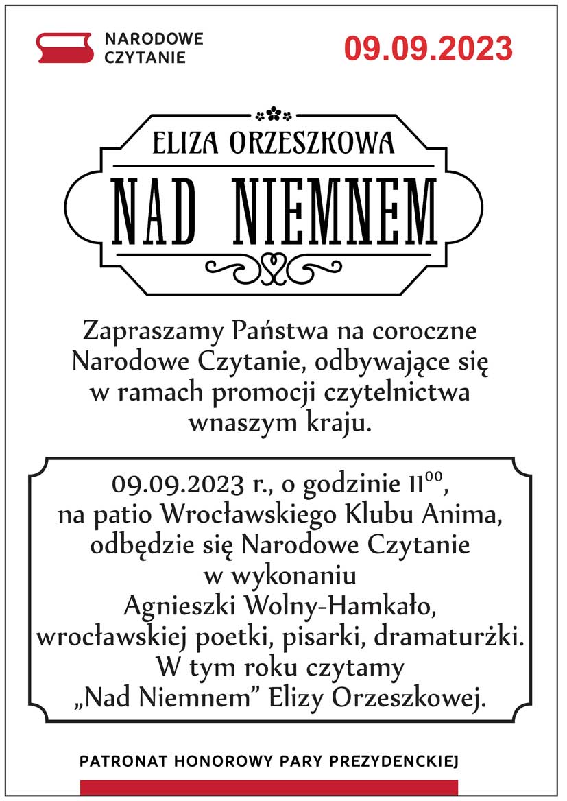 NARODOWE CZYTANIE 9.09.2023 godzina 11.00 we Wrocławskim Klubie Anima